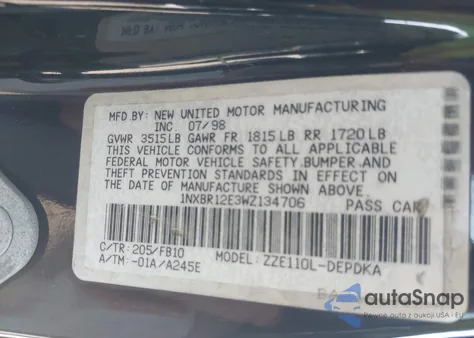 1998 Toyota Corolla Ce из США, поврежденный, VIN 1NXBR12E3WZ134706